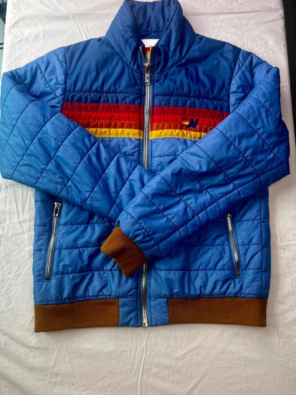 Aviator Nation stripe Puffer Jacket- Blue- Size Medium